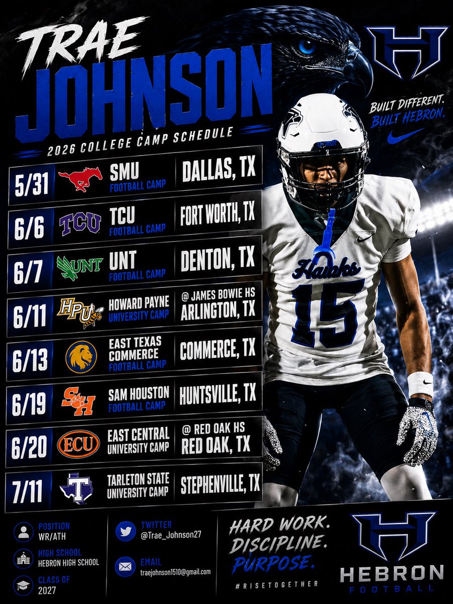Trae_Johnson27's tweet photo. Camp schedule 
@HebronFootball @CoachTowels 
@CoachClay29 @CoachHowell23 
@TCUFootball @MeanGreenFB 
@hputxfootball @Lions_FB @BearkatsFB @ECUTigersFB 
@TarletonFB https://t.co/yPLlDphOng