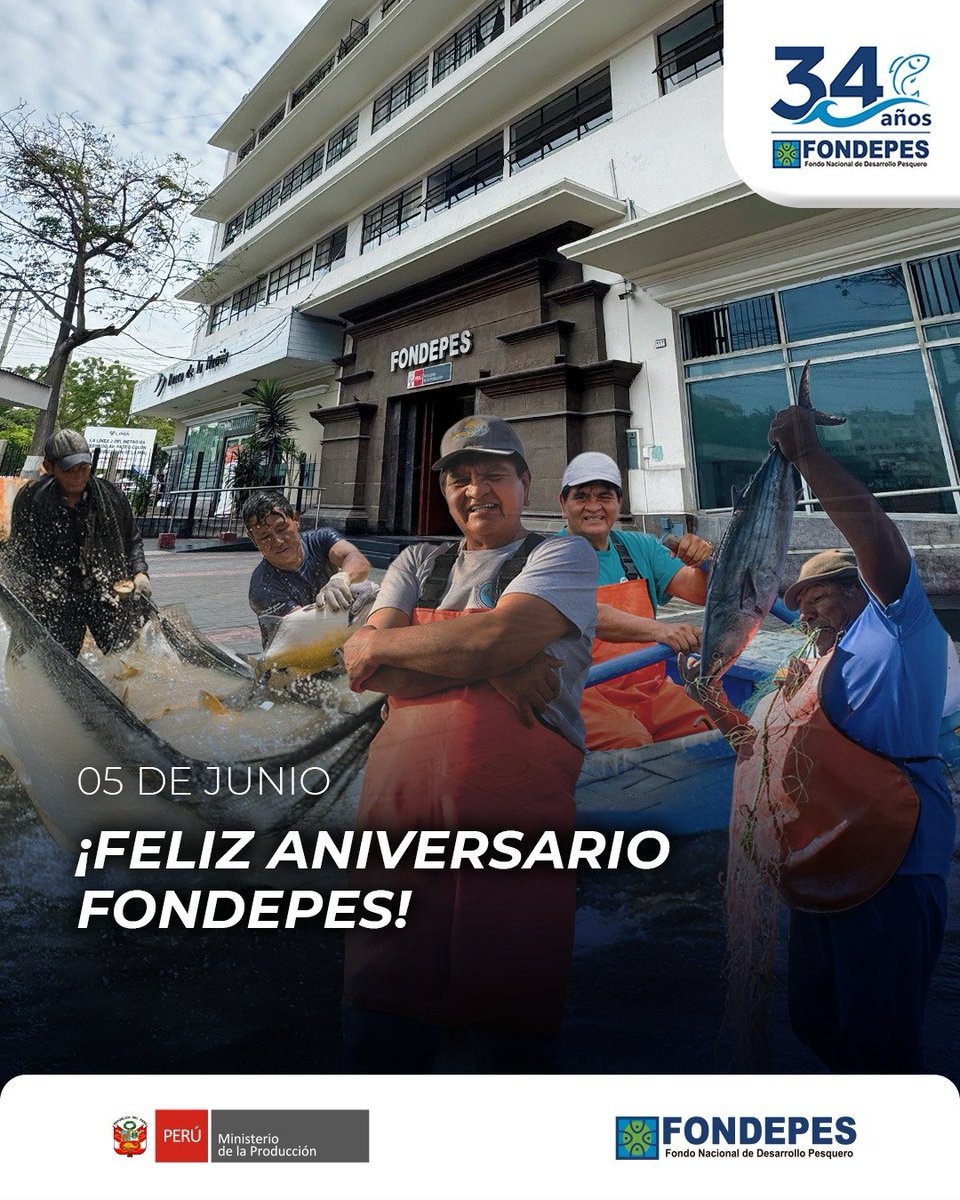 FONDEPES's tweet photo. 🎉 #34AniversarioFONDEPES | Hoy, 5 de junio, celebramos 34 años de vida institucional al servicio del desarrollo sostenible de la pesca artesanal y la acuicultura en el Perú.🇵🇪 

#FONDEPES 
#PRODUCE #NotaDePrensa #34Aniversario https://t.co/OYjomHu3uH