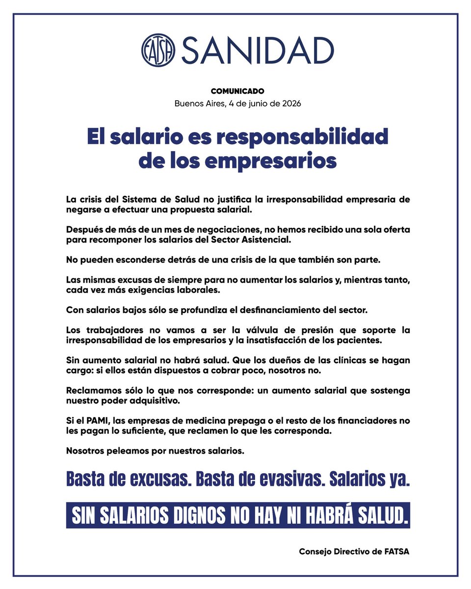 hectordaer's tweet photo. Los trabajadores de sanidad no vamos a pagar el costo de la irresponsabilidad empresaria. Reclamamos lo que corresponde: una recomposición salarial que defienda nuestro poder adquisitivo.

Basta de excusas #Sinsalarionohaysalud

Comparto el comunicado de nuestra Federación. https://t.co/zHfCCEfNha