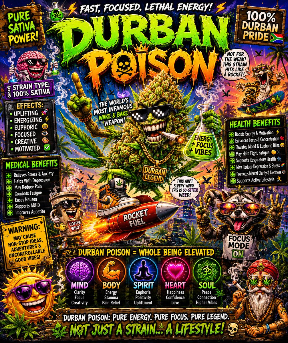randy23057's tweet photo. ⚡ Durban Poison: the legendary strain that poisons laziness and buffs motivation.

🧠 Focus
🎨 Creativity
🚀 Energy
😎 Good vibes

Some strains help you chill.

#DurbanPoison helps you conquer side quests.

#420 #CannabisCommunity #Sativa #WakeAndBake #StayLifted #HighVibes https://t.co/5TZ4XYmEPt