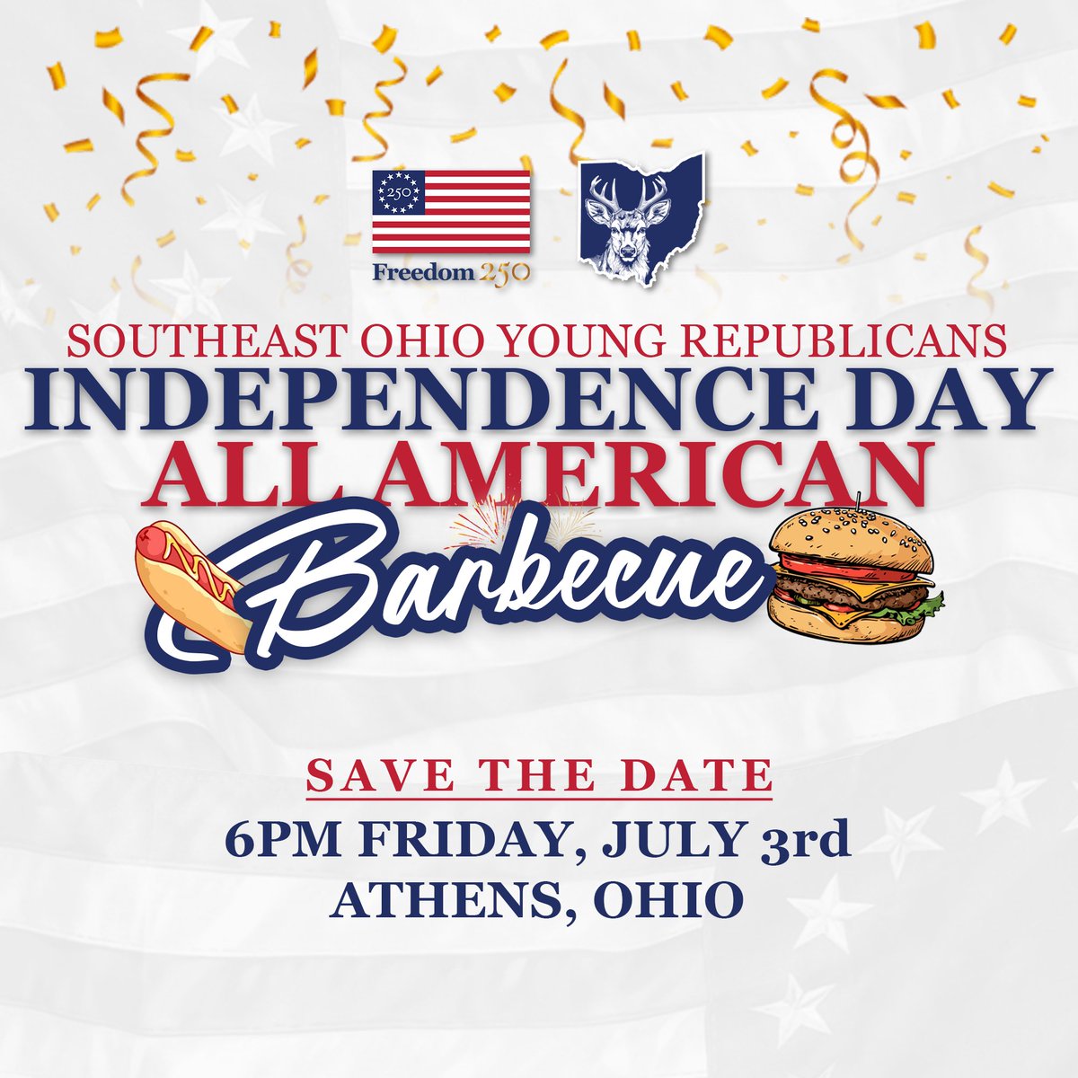 SEOhioYRs's tweet photo. Are you a Young Republican in Hocking, Vinton, Meigs, Athens, Morgan, or Washington county? Come celebrate 250 years of American Freedom!

Completely free and a great time for all Young Republicans! Make sure to follow, save the date, more information soon! https://t.co/kqux8ncj5Y