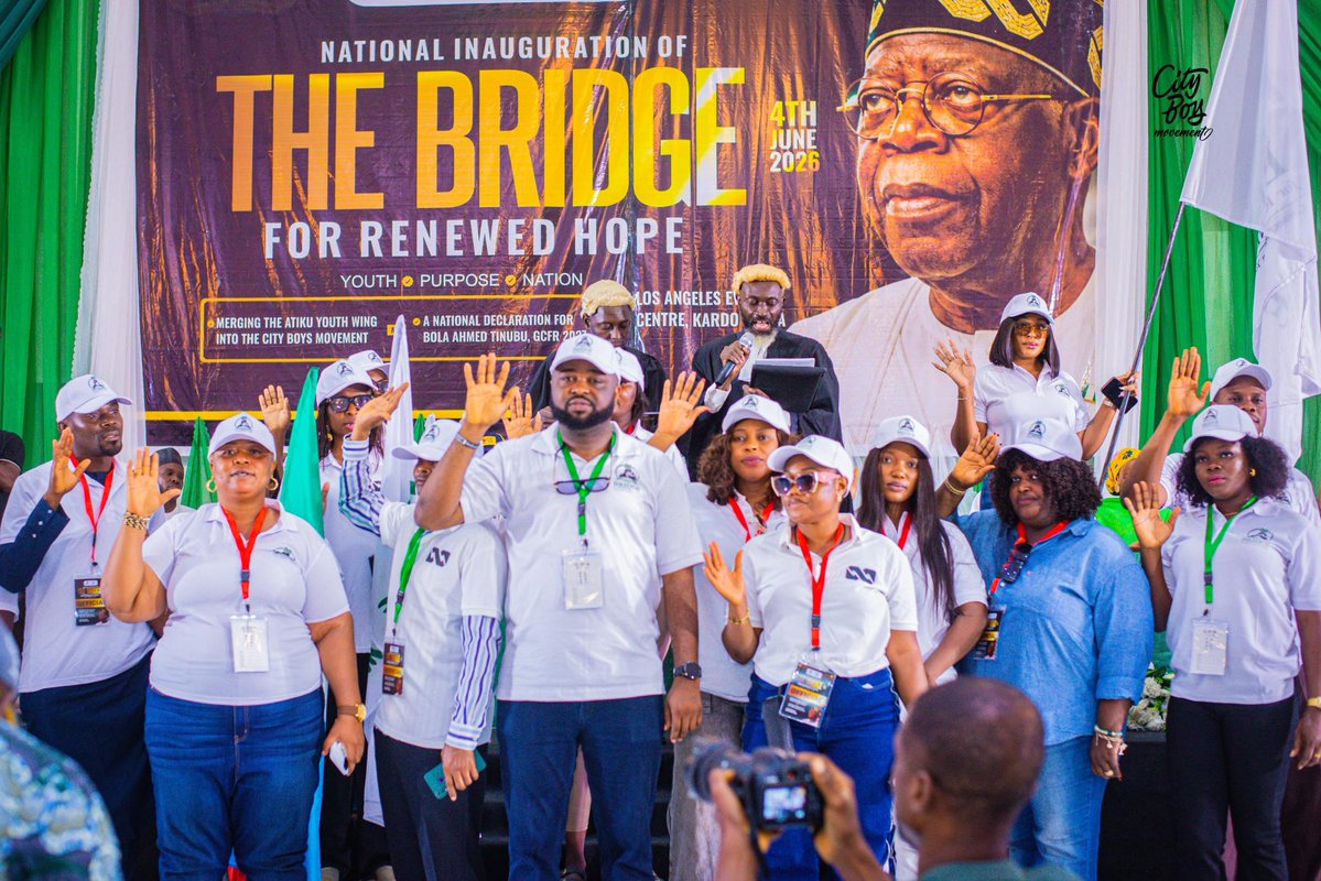 Deen_PR's tweet photo. CITY BOY MOVEMENT WELCOMES THE BRIDGE FOR RENEWED HOPE INTO ITS GROWING AFFILIATE NETWORK 🇳🇬

As the Atiku Youth Wing collapses its structure for President Bola Ahmed Tinubu, GCFR, the City Boy Movement proudly welcomes The Bridge For Renewed Hope into its growing network of affiliate organisations and support platforms working for the re-election of President Tinubu in 2027.

This development reflects a growing convergence among young Nigerians around the Renewed Hope Agenda, national development, economic opportunity, and the consolidation of President Tinubu’s reforms.

According to Hon. Francis Oluwatosin Shoga, Director General of the City Boy Movement:

“Young Nigerians are increasingly placing national interest above political labels. The decision by leaders and members of the former Atiku Youth Wing to join this effort and work for President Tinubu is both significant and encouraging.”

Also commenting on the development, O’tega Ogra, Senior Special Assistant to the President on Digital Communications, Engagement and New Media Strategy, and Deputy Director General, Media, Communications and Public Affairs of the City Boy Movement, stated:

“Political competition is a feature of democracy. Nation building is a responsibility that transcends politics. What makes this development noteworthy is that young Nigerians who once worked under a different political platform have now chosen to work for President Bola Ahmed Tinubu through the City Boy Movement. They have found common ground around the future of Nigeria, economic opportunity, and the consolidation of the Renewed Hope Agenda.”

The City Boy Movement remains committed to expanding youth participation, strengthening grassroots engagement, and mobilising support for President Tinubu’s vision for a stronger, safer, more prosperous, and more united Nigeria.

Signed:

Directorate of Media, Communications & Public Affairs
City Boy Movement

#TheBridgeForTinubu
#CityBoyMovement
#RenewedHope

4th June 2026

@CityBoyMedia | @STinubu | @ayowisdom_ | @shoga_francis | @otegaogra | @kokomatic | @woye1 | @ayodeji_og | @CBMdiaspora | @voicebox_99 | @CBM_HQ | @CityBoyMvtLagos | @Onsogbu | @Mr_idonShow | @PBolanta | @CBMOyoState | @cbmekiti | @Cbmnasarawast | @cbmbauchi | @CBMDelta_X | @cbm_ondostate | @CBMKadunaState | @bitruslawrence | @HighChiefOkoro