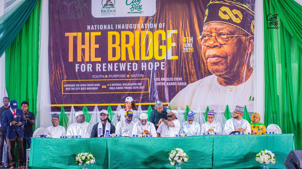 Deen_PR's tweet photo. CITY BOY MOVEMENT WELCOMES THE BRIDGE FOR RENEWED HOPE INTO ITS GROWING AFFILIATE NETWORK 🇳🇬

As the Atiku Youth Wing collapses its structure for President Bola Ahmed Tinubu, GCFR, the City Boy Movement proudly welcomes The Bridge For Renewed Hope into its growing network of affiliate organisations and support platforms working for the re-election of President Tinubu in 2027.

This development reflects a growing convergence among young Nigerians around the Renewed Hope Agenda, national development, economic opportunity, and the consolidation of President Tinubu’s reforms.

According to Hon. Francis Oluwatosin Shoga, Director General of the City Boy Movement:

“Young Nigerians are increasingly placing national interest above political labels. The decision by leaders and members of the former Atiku Youth Wing to join this effort and work for President Tinubu is both significant and encouraging.”

Also commenting on the development, O’tega Ogra, Senior Special Assistant to the President on Digital Communications, Engagement and New Media Strategy, and Deputy Director General, Media, Communications and Public Affairs of the City Boy Movement, stated:

“Political competition is a feature of democracy. Nation building is a responsibility that transcends politics. What makes this development noteworthy is that young Nigerians who once worked under a different political platform have now chosen to work for President Bola Ahmed Tinubu through the City Boy Movement. They have found common ground around the future of Nigeria, economic opportunity, and the consolidation of the Renewed Hope Agenda.”

The City Boy Movement remains committed to expanding youth participation, strengthening grassroots engagement, and mobilising support for President Tinubu’s vision for a stronger, safer, more prosperous, and more united Nigeria.

Signed:

Directorate of Media, Communications & Public Affairs
City Boy Movement

#TheBridgeForTinubu
#CityBoyMovement
#RenewedHope

4th June 2026

@CityBoyMedia | @STinubu | @ayowisdom_ | @shoga_francis | @otegaogra | @kokomatic | @woye1 | @ayodeji_og | @CBMdiaspora | @voicebox_99 | @CBM_HQ | @CityBoyMvtLagos | @Onsogbu | @Mr_idonShow | @PBolanta | @CBMOyoState | @cbmekiti | @Cbmnasarawast | @cbmbauchi | @CBMDelta_X | @cbm_ondostate | @CBMKadunaState | @bitruslawrence | @HighChiefOkoro