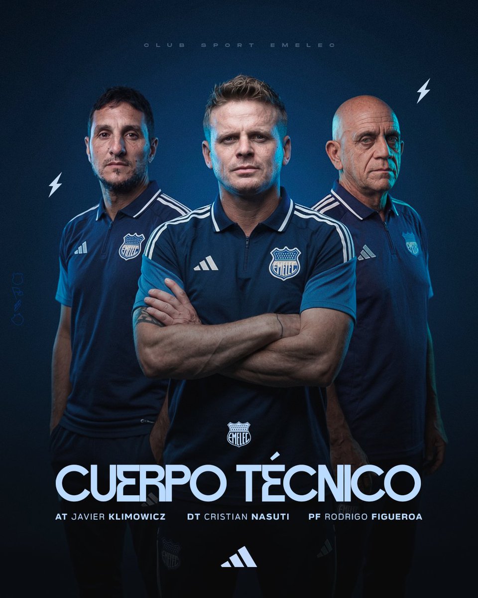 CSEmelec's tweet photo. El Club Sport Emelec informa la designación de Cristian Nasuti como Director Técnico del primer plantel, acompañado por Javier Klimowicz como Asistente Técnico y Rodrigo Figueroa como Preparador Físico.

Compromiso, convicción y sentido de pertenencia al mando de la dirección técnica del bombillo. 

#VolviendoASerEmelec 🔵