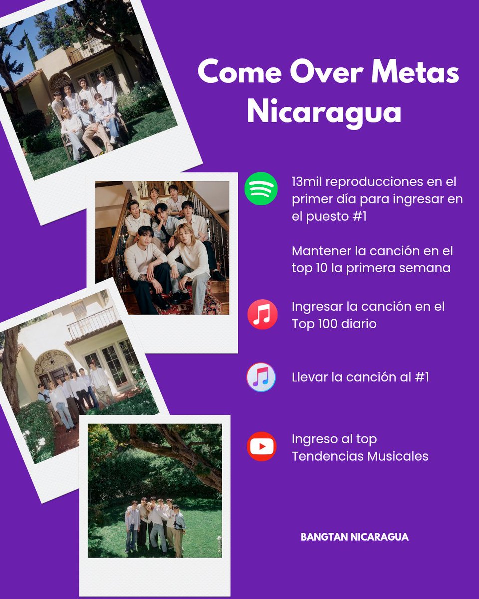BangtanNic's tweet photo. 💜 Come Over Metas Nicaragua ♥️
NicaraguARMY, te dejamos las metas para el lanzamiento en plataformas musicales de Come Over.

Démosle mucho amor y apoyo a la canción y logremos cada una de las metas.

COME OVER IS COMING 
BTS FESTA 2026
#2026BTSFESTA 
#BTS13thAnniversary https://t.co/5xiN5ARZOv