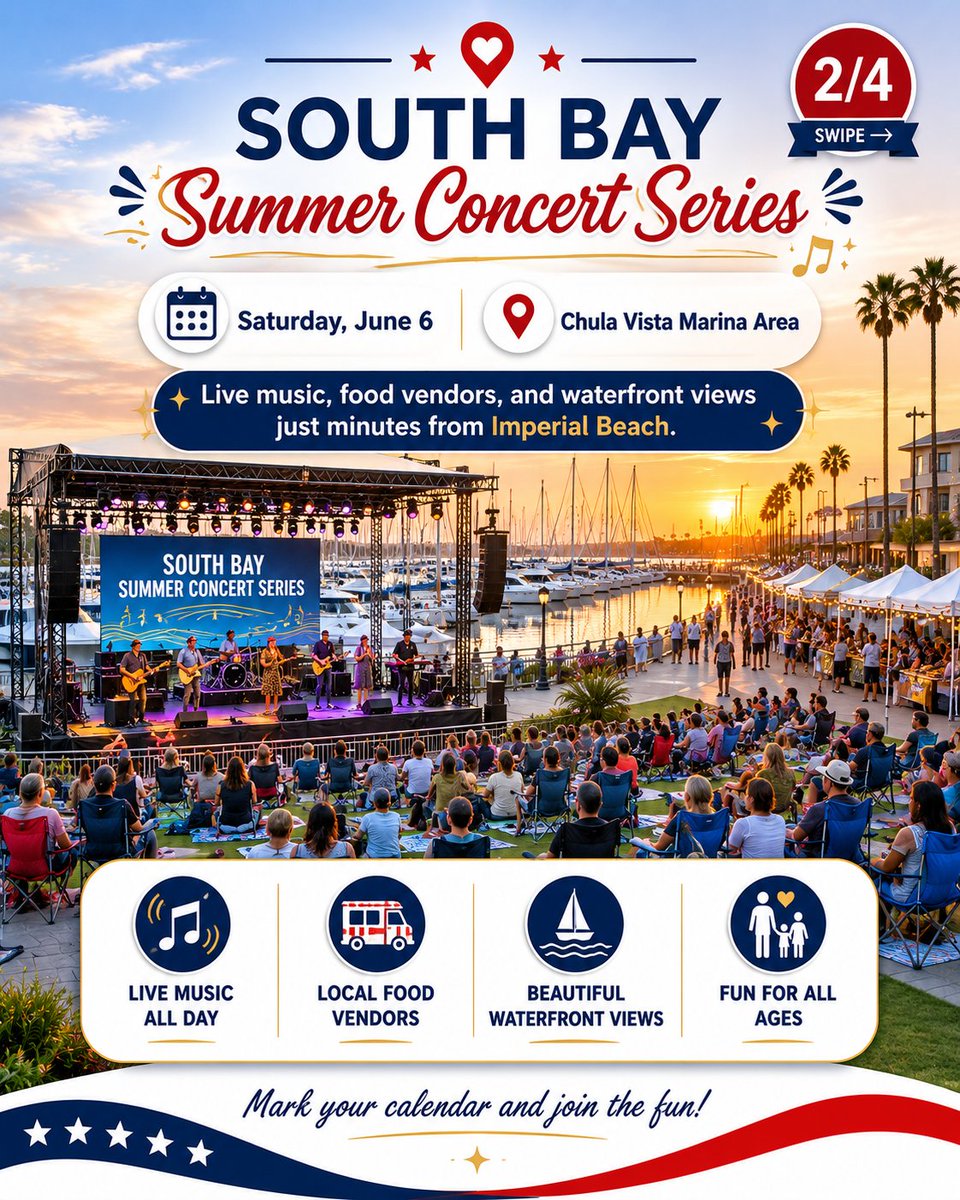 DeborahVanceRE's tweet photo. Top 3 events near Imperial Beach this weekend 🎉

Live music, classic cars, food vendors, and community fun throughout South Bay. A great weekend to get out and explore. https://t.co/8BYRNyWbGp