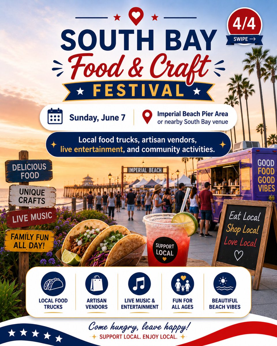 DeborahVanceRE's tweet photo. Top 3 events near Imperial Beach this weekend 🎉

Live music, classic cars, food vendors, and community fun throughout South Bay. A great weekend to get out and explore. https://t.co/8BYRNyWbGp