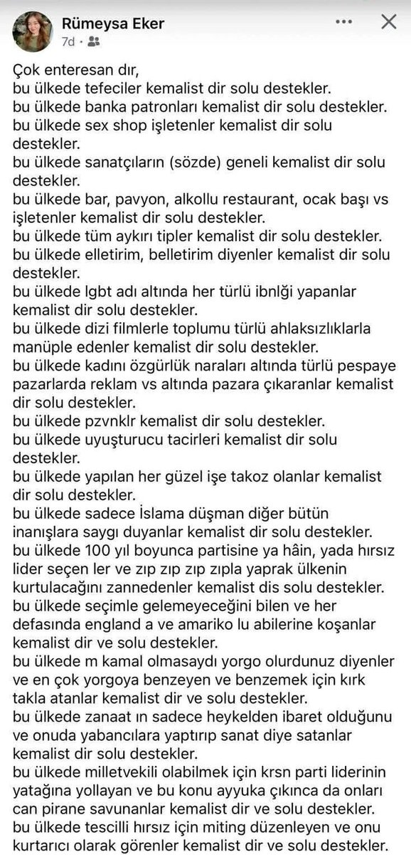 TomrisGen65's tweet photo. Kızım sen 24 yaşına kadar neler yaşamışsın. Bataklıktan kurtulmak için Ak Parti'li mi oldun?
Türkler'den nefret ediyorum diyemeyen devşirmeler, her pisliği genele mâl ederek, kendini Kemalist, Atatürkçü olarak tanımlayan bir gruba nefret kusuyor. Bu da bir nevi ırkçılıktır. Kanunlarımızca suçtur.
Bu bölücü dilleri ne zaman susturacaksınız.
@abakingurlek