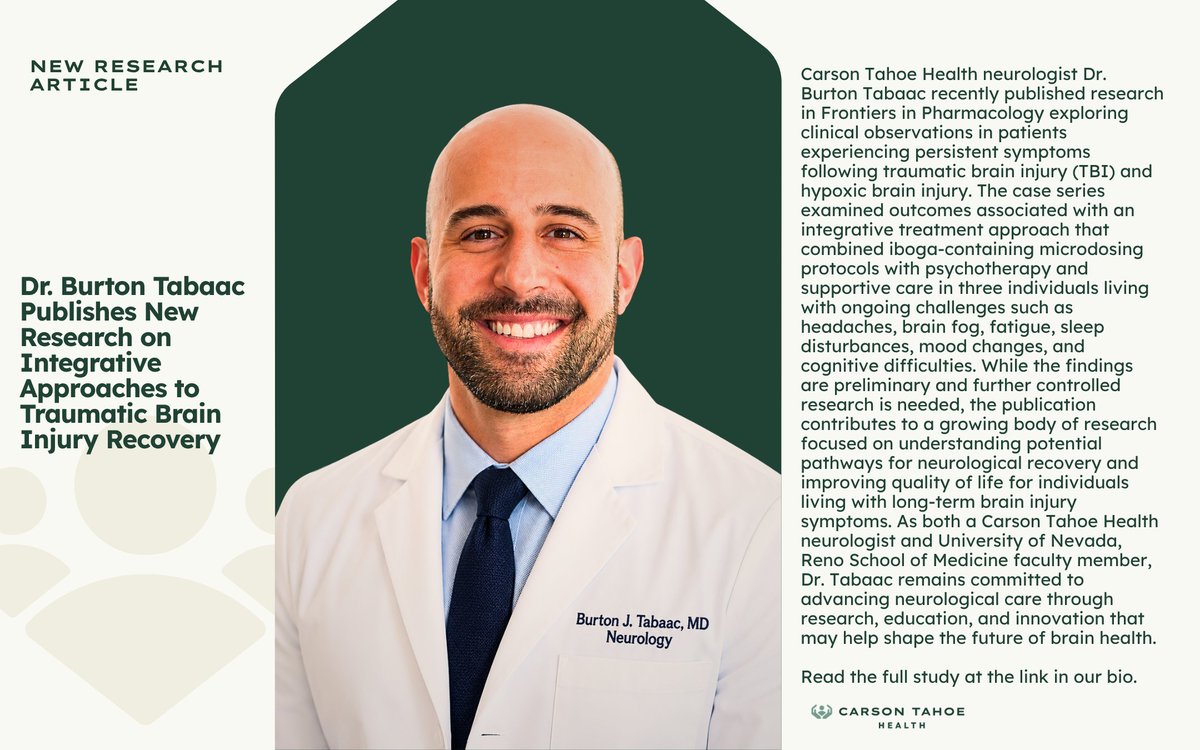 CarsonTahoe's tweet photo. Carson Tahoe Health neurologist Dr. Tabaac recently published research in Frontiers in Pharmacology exploring recovery outcomes in patients living with persistent symptoms following traumatic brain injury and hypoxic brain injury.

https://t.co/qSYkzAu2JX

#CarsonTahoeHealth https://t.co/U3X2C7zHSI