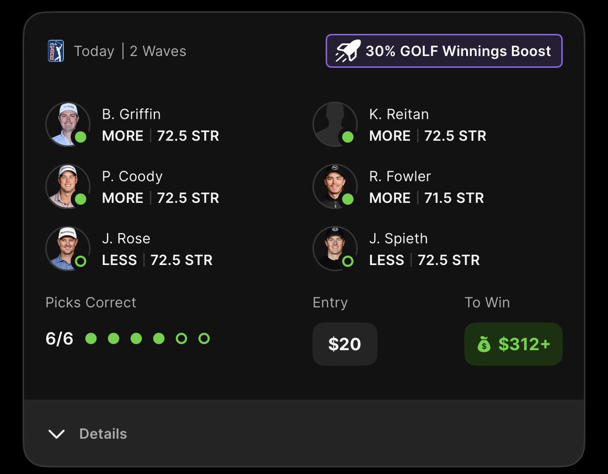 plusevsniper's tweet photo. “This probably ain’t hitting” that’s what he said… but I still shared it. I’ve been so close at smacking golf ⛳️ 

We cash the @Pick6 30% Golf Boost and surely we should be seeing some 😈 

How many of you out there hitting 6 picks? 🤔 

Oh and every single pick, @OddsJam 🫡 https://t.co/tQVpyxQvdD