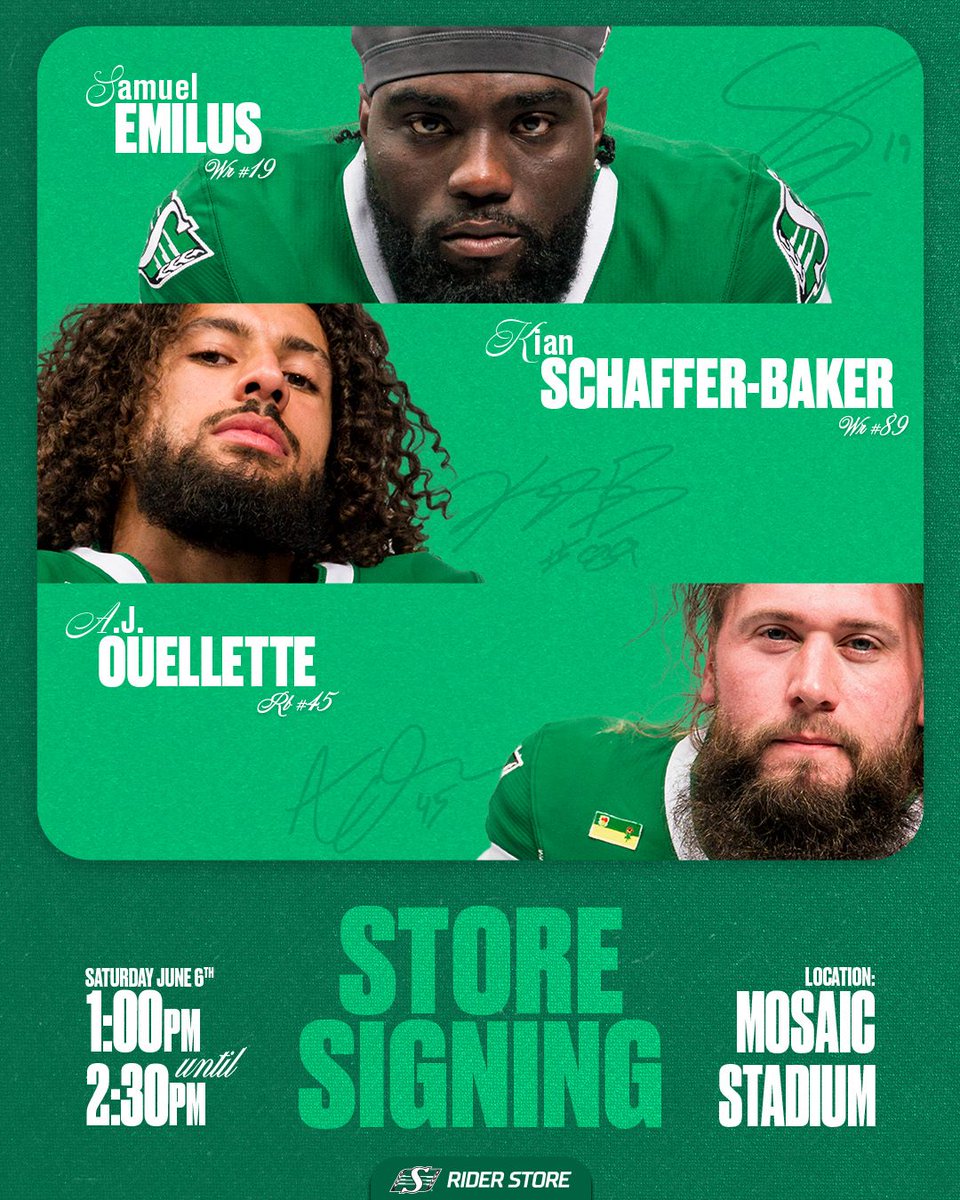 sskroughriders's tweet photo. Welcome the Champs back to Riderville and build the excitement heading into the 2026 season! 💚

A.J. Ouellette, Kian Schaffer-Baker & Samuel Emilus will be at The Rider Store at Mosaic Stadium this Saturday, June 6th from 1:00pm – 2:30pm to take pictures, sign autographs and help you gear up for game day!