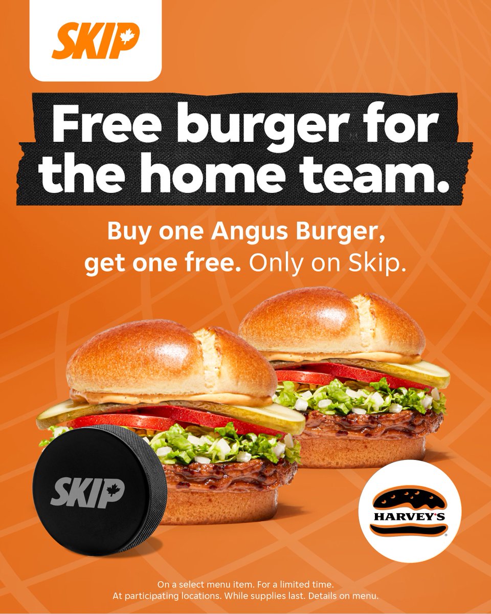 SkipCanada's tweet photo. buy one Angus Burger from @HarveysCanada, get one free. easy tap-in! only on Skip 🍔 https://t.co/V2ubYz18a9