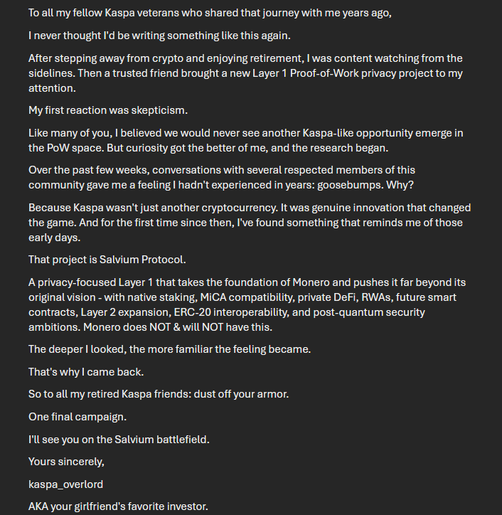 KaspaOverlord's tweet photo. Dear fellow $KAS friends. Please take the time to read this.

One last hoorah. Dust off the armour. See you on the battlefield.

Thank you all.

salvium:native 

@salvium_io https://t.co/drHgLqzxtz