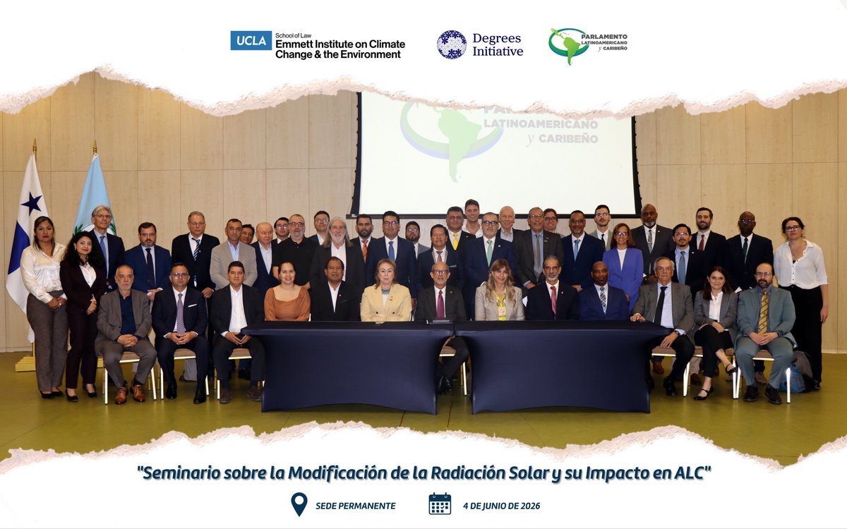 Parlatino_org's tweet photo. Poner al alcance de los legisladores de ALC los mejores aportes científicos para la regulación de la modificación de la radiación solar

Panamá, 04/06/2026- En el marco del aniversario de la Alianza Parlamentaria para la Acción Climática y la Transición Justa (APACTJ) y del día mundial del Medio Ambiente, las Comisiones de Medio Ambiente y Turismo; Energía y Minas; y Servicios Públicos, del Parlamento Latinoamericano y Caribeño (PARLATINO), encabezadas por el presidente del Organismo, diputado Rolando González Patricio, asistieron como parte de su agenda de trabajo al Seminario sobre la Modificación de la Radiación Solar (SRM), coorganizado con el Instituto Emmett de la Universidad de California en Los Ángeles (UCLA) y la Iniciativa Degrees (@DegreesNGO).

El seminario reunió a expertos internacionales que presentaron distintos enfoques sobre la SRM, sus posibles impactos y los avances científicos disponibles para fortalecer la toma de decisiones legislativas en torno a la mitigación del cambio climático.

Nota completa: https://t.co/fo2BWUvExG