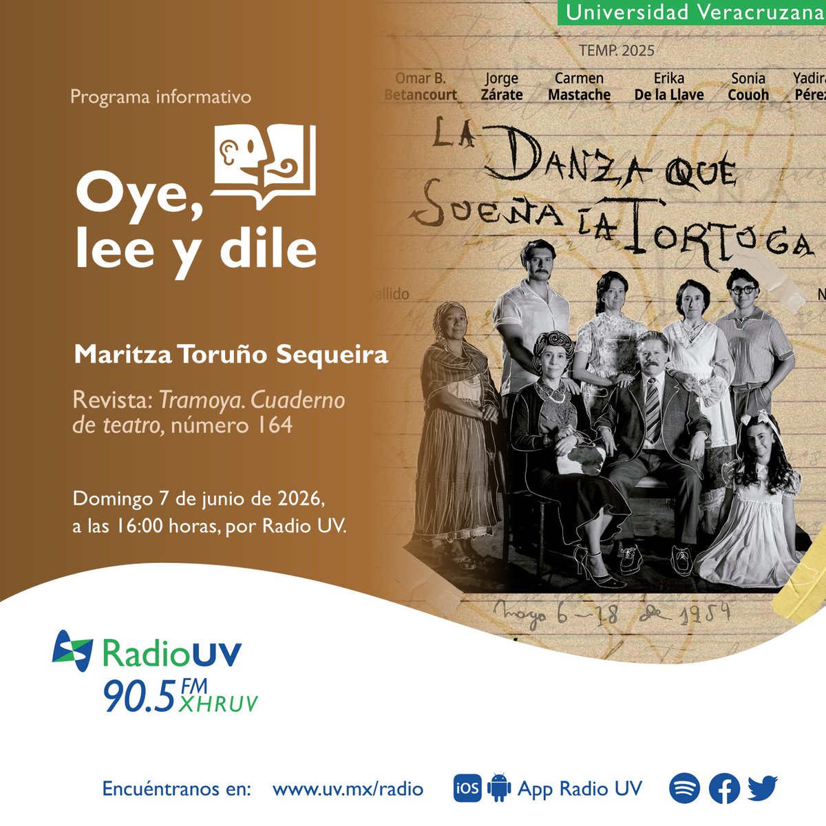 RadioUV's tweet photo. Revive #OyeLeeYDile, el espacio radiofónico de la @EditorialUV. 📚

En retransmisión, escucha la charla con Maritza Toruño Sequeira, quien nos compartirá todos los detalles del número 164 de Tramoya, cuaderno de teatro.

🎧 Hoy a las 16:00 horas | 90.5 FM https://t.co/qrLWleLTAJ