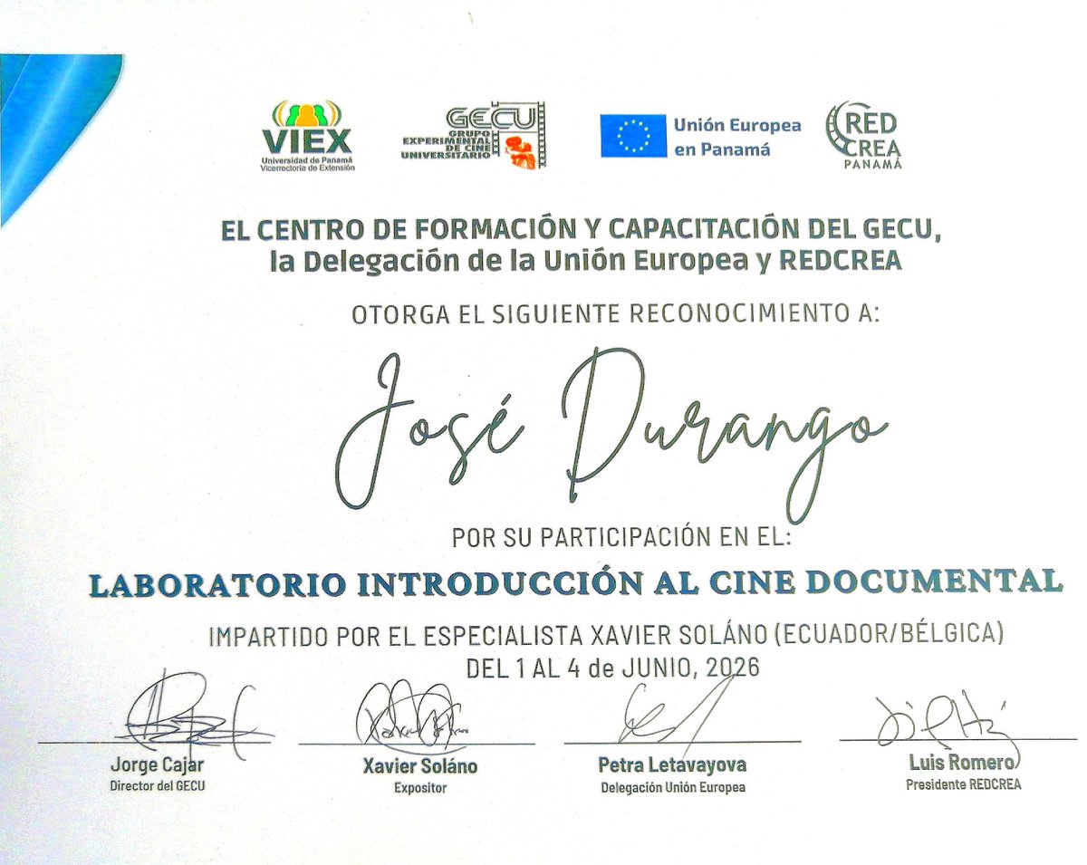 DurangoPanama's tweet photo. 🎬 Hoy culminé el Laboratorio de Introducción al Cine Documental. 
Cuatro días de aprendizaje y nuevas perspectivas para contar historias. Gracias al GECU, la Delegación de la Unión Europea y a Xavier Solano por esta valiosa experiencia. https://t.co/p7s3kR29rq