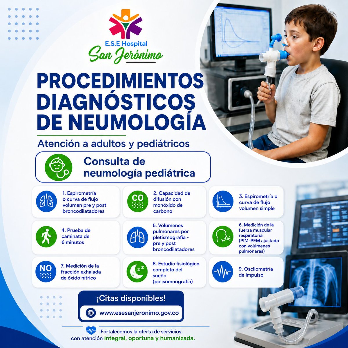 esesanjeronimo's tweet photo. 🫁💙 En la E.S.E. Hospital San Jerónimo contamos con Procedimientos Diagnósticos de Neumología para adultos y niños, con tecnología especializada para el cuidado de tu salud respiratoria.
📅 Agenda tu cita y recibe una atención integral, oportuna y humanizada.
#Neumología https://t.co/QKHtdRBTzF