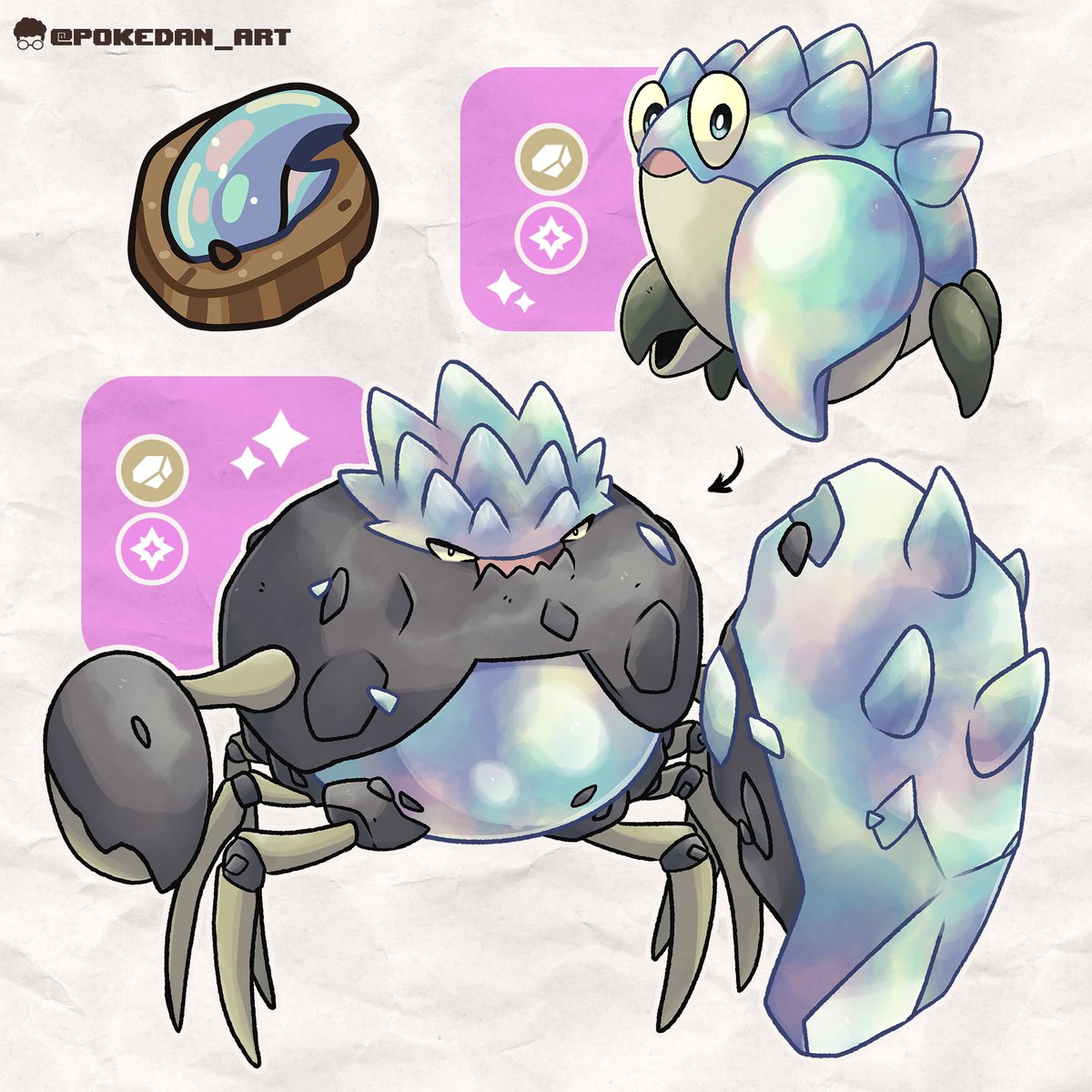 PokeDan_Art's tweet photo. Opal Crabs Fossils!🪨🦀✨
Opalized fossils are fossils where all the organic matter is replaced with or converted into opal 

Adopted by @FrostyAuroraPup 

#Pokemon #Fakemon #Art https://t.co/NqWJvWJ1TD