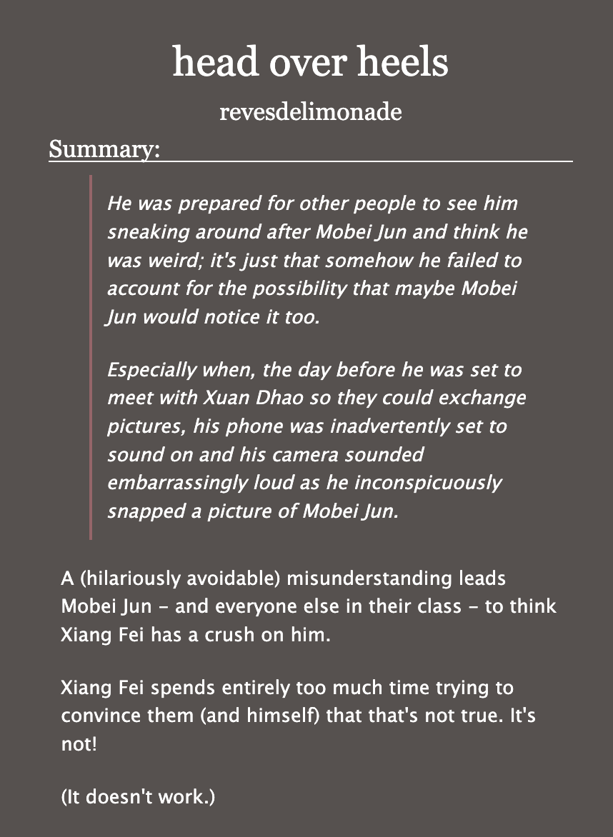 revesdelimonade's tweet photo. #moshang ・head over heels・ch 2/? (5k words)   

🍊 modern au, university
🍊 humor, jealousy, misunderstandings
🍊 an entirely avoidable misunderstanding leads everyone to think sqh likes mbj... but that's not true at all! really!

🔗🔽 https://t.co/8v8Tl6oyjs