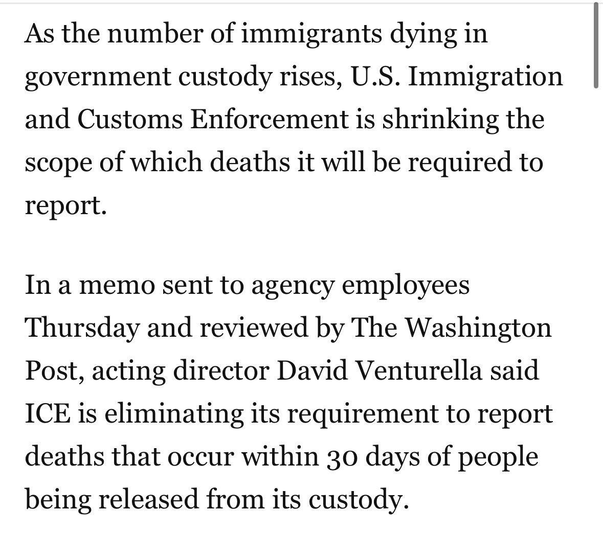 ReichlinMelnick's tweet photo. For many years, there were allegations that ICE would “release” critically ill people so their deaths wouldn’t be recorded as in ICE custody. To fix this, in 2021 the Biden admin required ICE to report deaths occurring up to 30 days after release.

Now that rule has been dropped. https://t.co/lsiLI89u4K