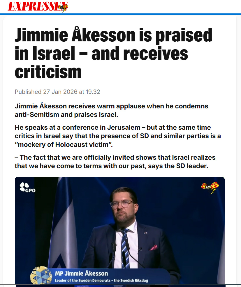 Henrik_Palmgren's tweet photo. Sweden Democrat leader Jimmie Åkesson received warm applause in Jerusalem when condemning anti-Semitism, praising Israel and delivered a few lines in Hebrew.

This is your "far-right" and "nationalist" option. https://t.co/3mUSevuVmz