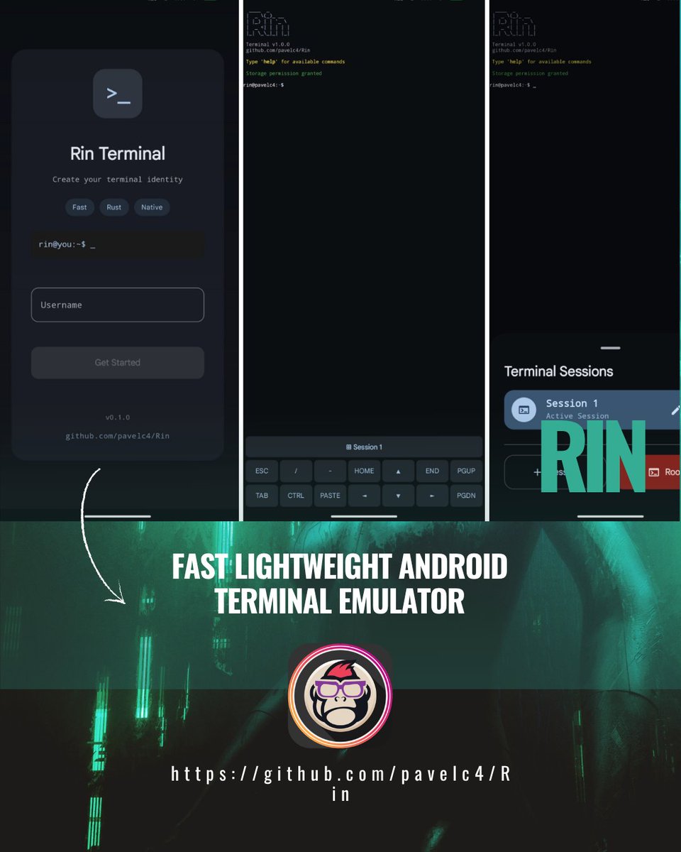 EsGeeks's tweet photo. 📱⚡🛠️ Rin Terminal | Terminal Android ligero y veloz con rpkg
Emulador terminal moderno para Android con UI Material 3 (Kotlin + Compose) y Rust nativo vía JNI para máximo rendimiento y mínima sobrecarga.
#RinTerminal #Android #Terminal #Termux #rpkg #OpenSource #AndroidDev https://t.co/zkAM6TwThG