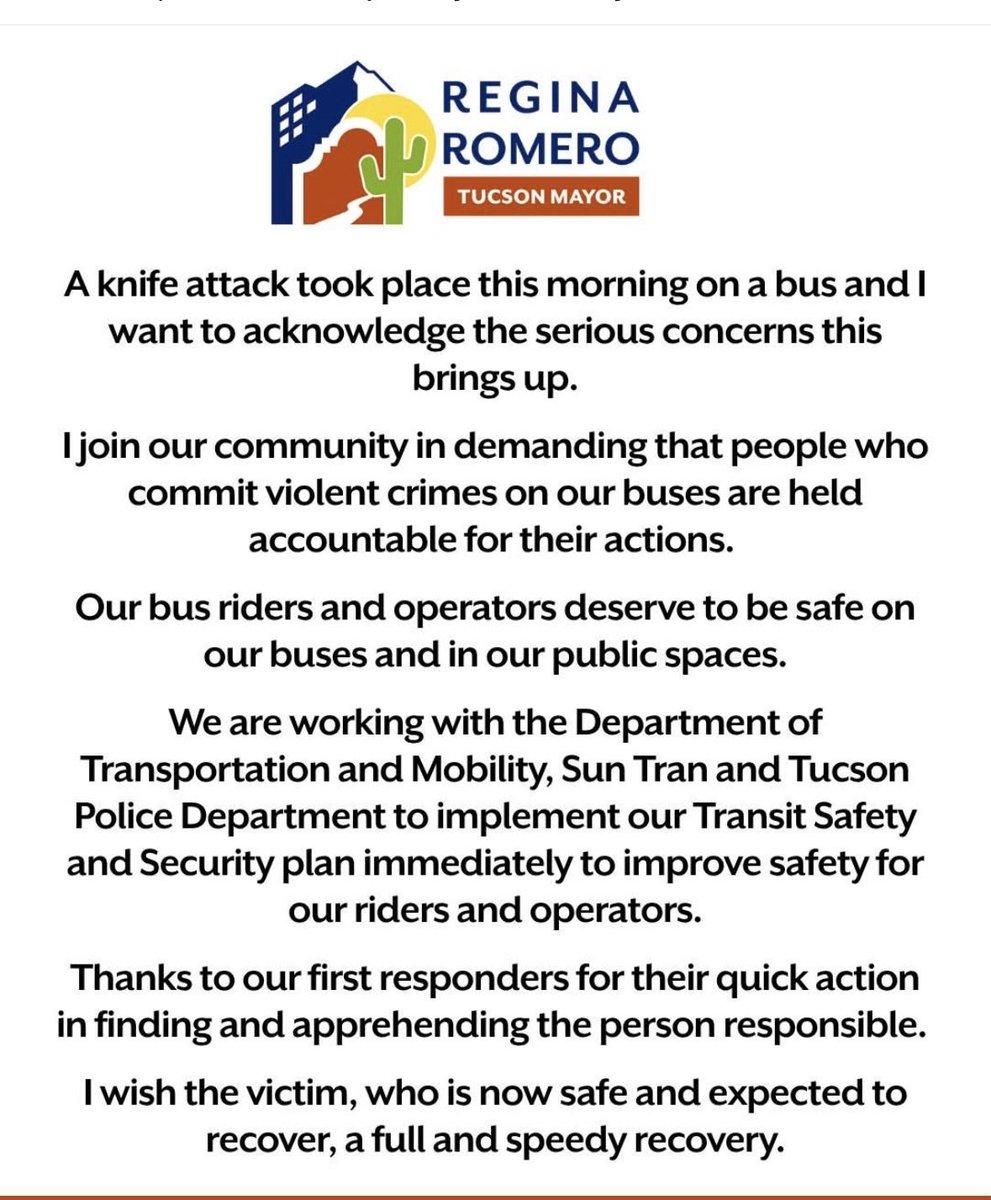 tucsoncrimefree's tweet photo. It appears with talks of a strike and yet another violent attack, the Mayor is now starting to address to the Free Crime Bus issues. It’s a day late and a buck short. Hold fast Local 104. https://t.co/3SykqW2wy6
