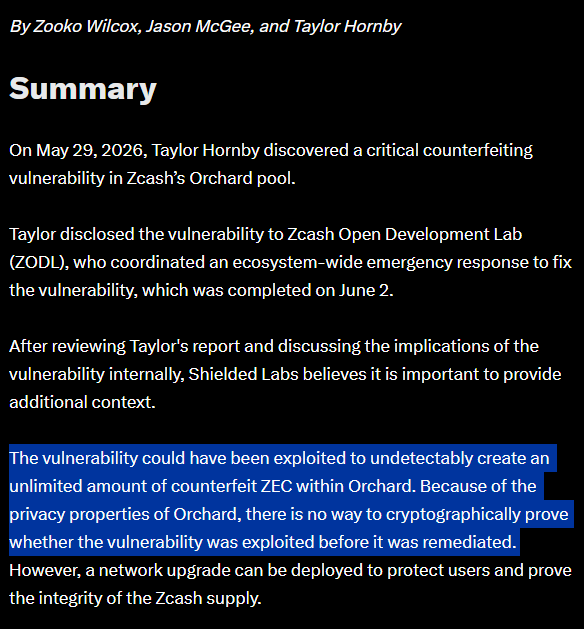 StackerSatoshi's tweet photo. Zcash has been a top-performing altcoin recently with +225% gains, but has now crashed -25% over the past day as it was revealed that a vulnerability could have allowed unlimited $ZEC minting, and the privacy features mean nobody can verify if it was exploited or not. https://t.co/rE6avsiR2t
