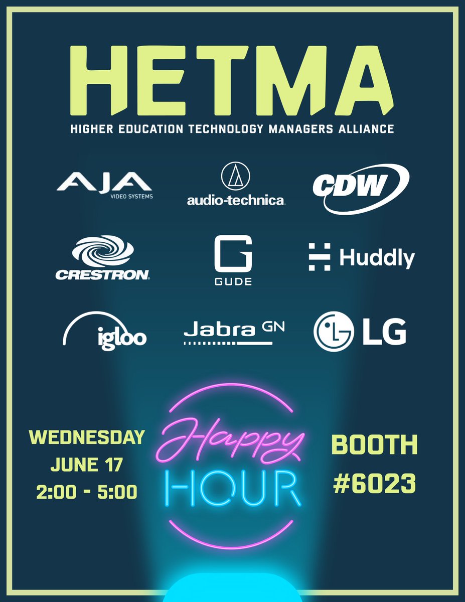 HETMA_org's tweet photo. Between booth visits, demos, meetings, and sore feet, make time for the people part of @InfoComm 

HETMA Higher Ed Happy Hours are happening Wednesday, Thursday, and Friday at Booth C6023!

#AVTweeps #infocomm26 @AJAVideo @USAudioTechnica @CDWCorp @Crestron @GudeSystems @HuddlyInc @IglooVision @Jabra_US @LGUS @avisplinfo @biamp @catchbox @Logitech @LumensLadibug @Panasonic_PND @Plexus_AV @ScreenBeam @Talem3BSI @BenQAmerica @diviersified @EpiphanVideo @KramerElec @neotilive @PeerlessAV @shure @uniguest