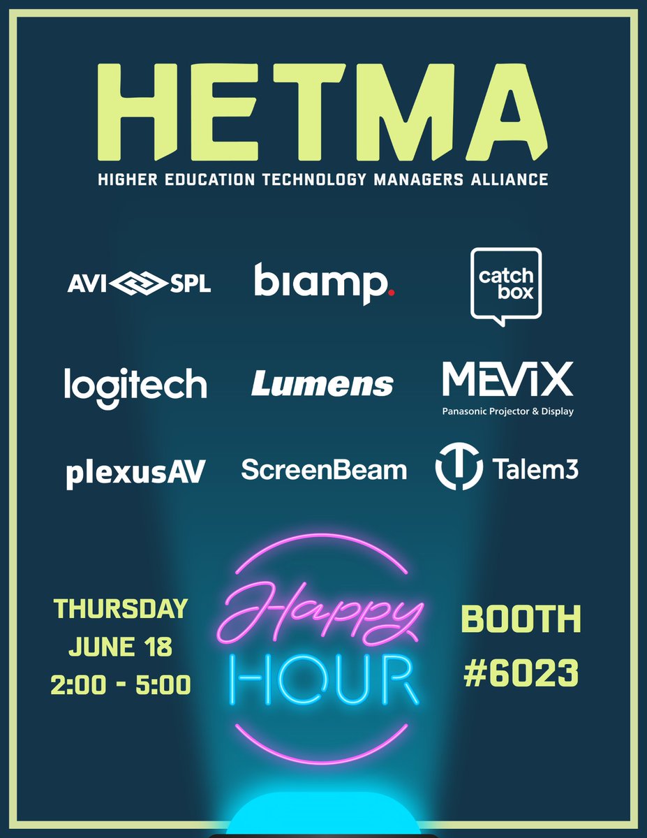 HETMA_org's tweet photo. Between booth visits, demos, meetings, and sore feet, make time for the people part of @InfoComm 

HETMA Higher Ed Happy Hours are happening Wednesday, Thursday, and Friday at Booth C6023!

#AVTweeps #infocomm26 @AJAVideo @USAudioTechnica @CDWCorp @Crestron @GudeSystems @HuddlyInc @IglooVision @Jabra_US @LGUS @avisplinfo @biamp @catchbox @Logitech @LumensLadibug @Panasonic_PND @Plexus_AV @ScreenBeam @Talem3BSI @BenQAmerica @diviersified @EpiphanVideo @KramerElec @neotilive @PeerlessAV @shure @uniguest