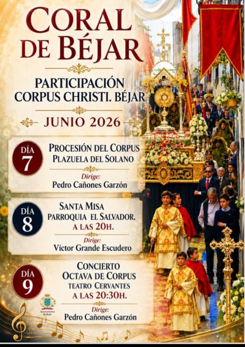 BejarEuropa's tweet photo. La Coral de Béjar participa en varios actos de las Fiestas del Corpus Christi 2026 en #Béjar

🔛 La formación ofrecerá un concierto en el Cervantes y pondrá música a algunas de las principales celebraciones religiosas

https://t.co/RraZ5pWq9d https://t.co/0XpvXDFMoj