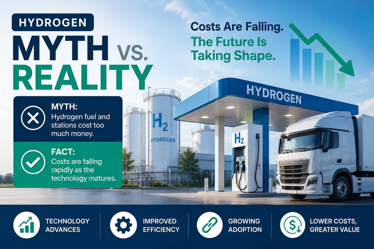 DiscoverGenH2's tweet photo. โ Myth: Hydrogen fuel and fueling stations cost too much money.
โ
Reality: Costs are falling as the hydrogen industry matures
Our latest blog examines how to improve economics and support commercial deployment.
๐ Read more: https://t.co/WKU65WE9AY
#Hydrogen #GenH2 https://t.co/6rfSgIPtUJ