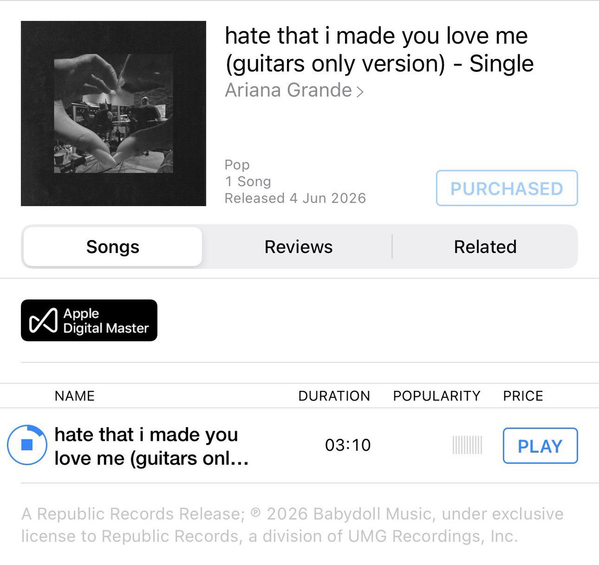 PInsider_'s tweet photo. 🚨 | Ariana Grande releases 'stripped version' and ‘guitars only’ on iTunes. 

Buy: https://t.co/amNcv5n7Hs https://t.co/fawYP3OLSt