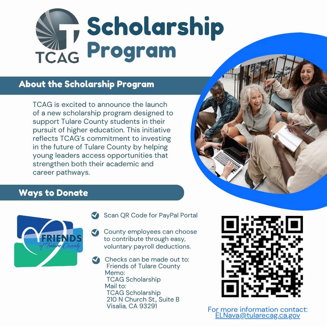 TulareCOG's tweet photo. TCAG is launching a new TCAG Scholarship Program to support local students pursuing STEM or Business degrees. The first application cycle is planned for 2027, and TCAG has partnered with Friends of Tulare County to ensure all donations are tax‑deductible. https://t.co/uhhb0ikfoQ