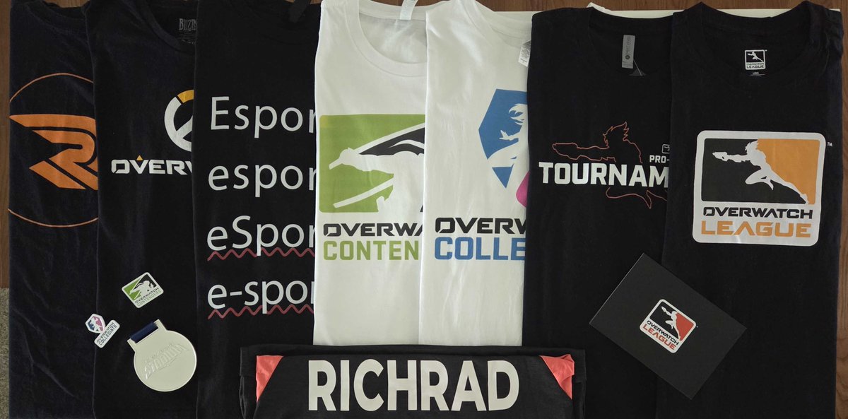 RichRadLive's tweet photo. One adventure ends - another begins. 

With the recent 10 year anniversary of @PlayOverwatch, I found myself reflecting on the path that brought me here. 

It's a crazy feeling to see a whole journey toward one goal and dream in a photo. 

Every shirt and logo tells a story.🧵1/5 https://t.co/faRQQeYGVa