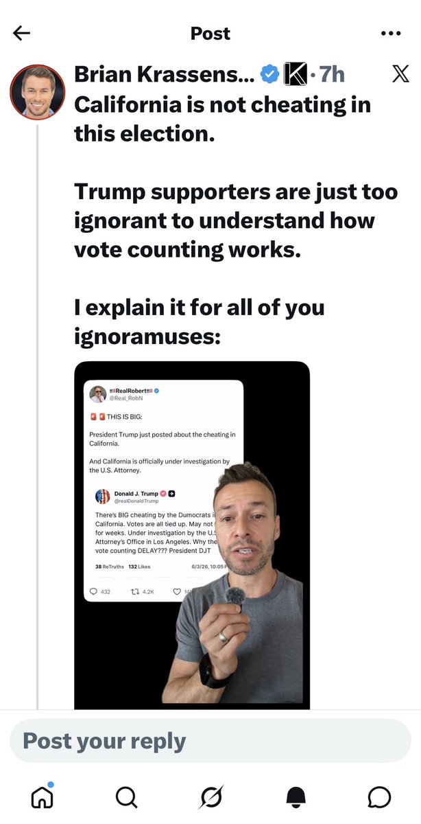 Columbo_1971's tweet photo. Notice what’s happening right now.
The moment anyone questions California’s vote counting — the weeks of late ballots, the bloated voter rolls, the results that always break one way — the left doesn’t defend the system with facts.
They call you stupid.
Brian Krassenstein calls you an ‘ignoramus.’ Adam Schiff tells you to ‘be honest’ — this from a man who spent four years lying about Russia collusion and never produced a single piece of evidence.
Here’s what their panic tells me: they know the questions are legitimate. If the system was clean, they’d answer them. Instead they mock, they deflect, and they attack the intelligence of anyone who dares ask.
That’s not confidence in their system. That’s a cover-up in real time.