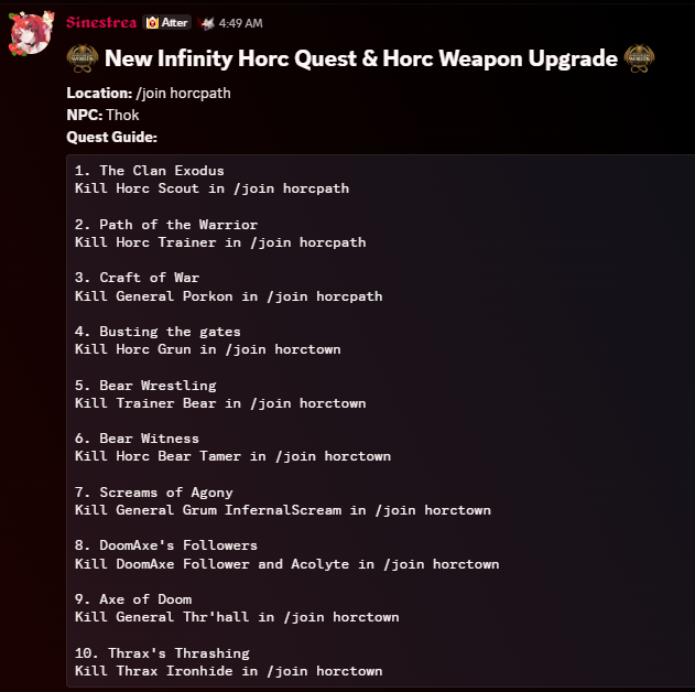 Datenshi6699's tweet photo. 🔥New Infinity Horc Quest &amp; Horc Weapon Upgrade🔥

Login to AQW Infinity!
Head to /horcpath then talk to Thok to start the quest.

After you finish the questline you will unlock "Upgrade your Horc Weapon" Quests.

Enchanted Liberator Blade of Infinity is not available yet in AQW. https://t.co/iFrnWZ6Emy