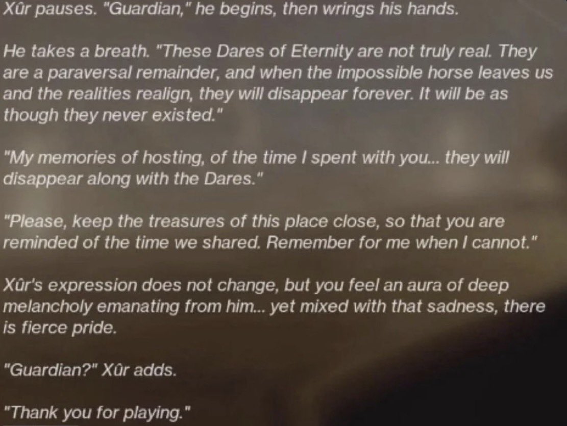 Chr5_'s tweet photo. We played Dares of Eternity to help Xur remember that it happened.

Now it’s time for us to Play Destiny 2 to help Sony realize their mistake.

Guardians make their own fate. 

#Destiny2 #WeWantDestiny3 https://t.co/nMynzRkRK9