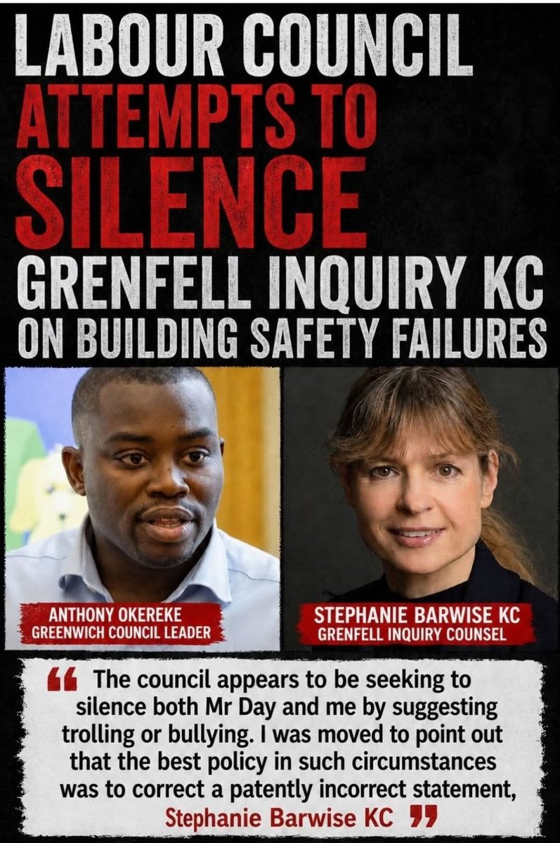 LibDemSteve's tweet photo. @NormaCohen3 Grenfell council building safety failures are happening again in Royal Borough of Greenwich. 

The Council Leader, Anthony Okereke has attempted to silence Grenfell Inquiry Counsel Stephanie Barwise KC.

https://t.co/fojvQviwi9 https://t.co/95oBaPpEFF
