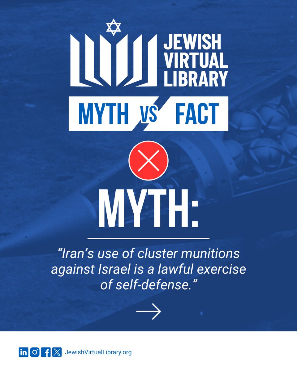 JewishVLibrary's tweet photo. ❌ Myth: Iran’s use of cluster munitions against Israel is a lawful exercise of self-defense.
✅ Fact: Cluster munitions are not automatically illegal, but when directed at civilian populations, their use becomes a war crime.
⬇️ Let us know what other myths you’d like us to bust. https://t.co/oPfAw7L3hl