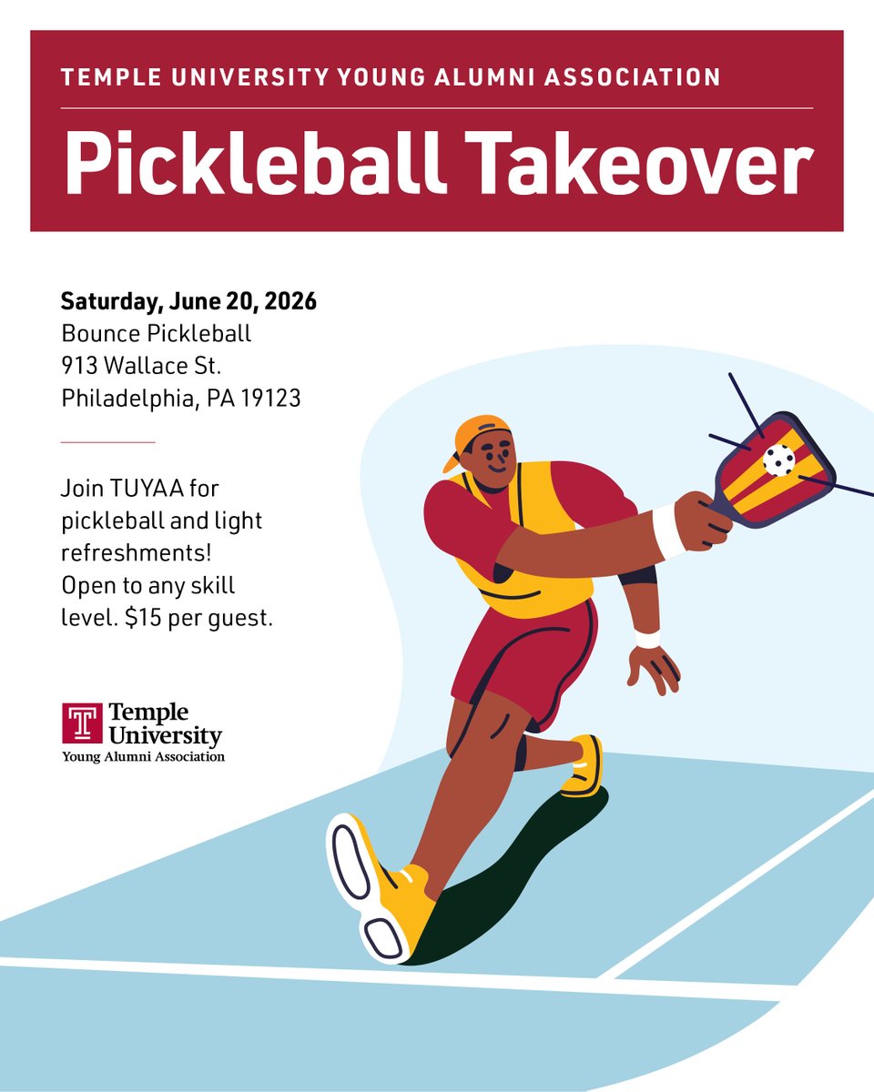 TempleAlumni's tweet photo. Pickleball + Owls = the perfect Saturday. 🦉✨ Join us June 20 for TUYAA’s first-ever Pickleball Takeover! All skill levels welcome. Sign up now: https://t.co/l4wCqDHFLJ https://t.co/FzMehgHMks