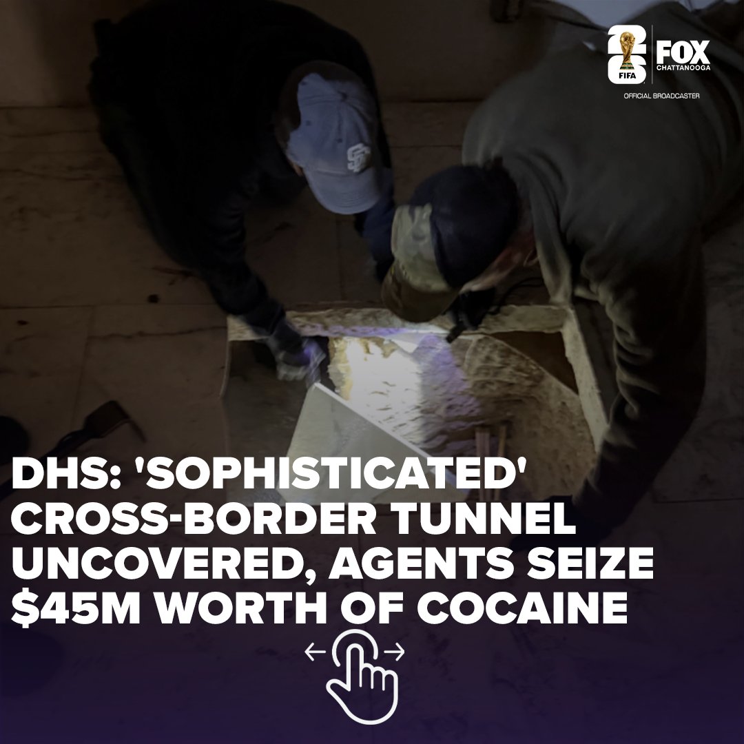 FOX_Chattanooga's tweet photo. A hidden tunnel, a hydraulic lift &amp; $45 million worth of cocaine. Federal agents say 4 men were arrested after uncovering a nearly 2,000-foot drug smuggling tunnel connecting Mexico &amp; the U.S., leading to the seizure of more than a ton of cocaine. Story: https://t.co/T0iB8HFcHB https://t.co/lIv3iHRrnv
