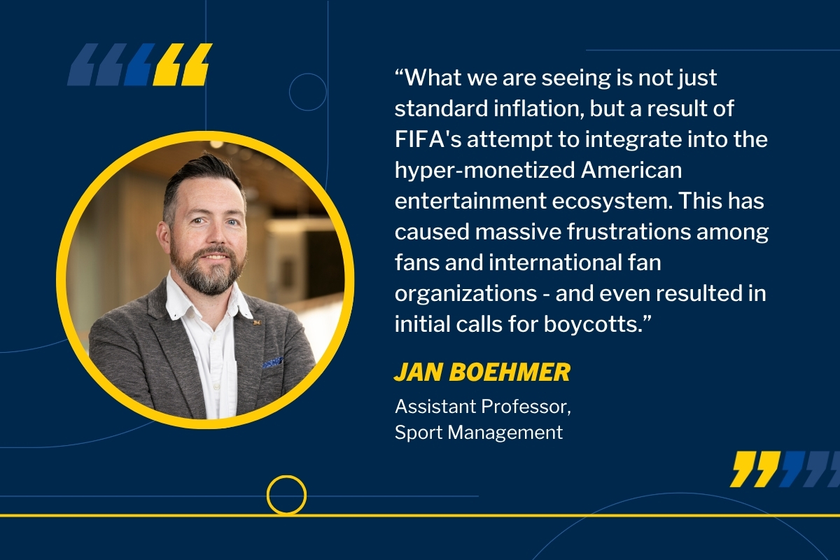 UMKines's tweet photo. As @FIFAWorldCup ticket prices reach record highs, Jan Boehmer spoke with @Gothamist about the factors driving costs, including dynamic pricing and resale fees and the current state of the American sports marketplace. https://t.co/mqGcPqzNLC https://t.co/0Vx0n4VnKC