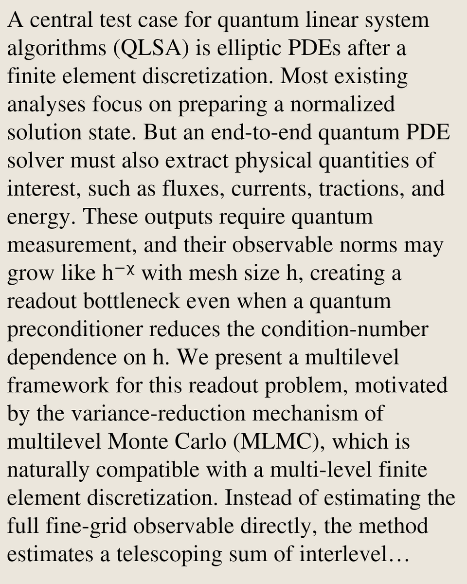 QuantumPapers's tweet photo. Toward Efficient End-to-End Quantum Elliptic PDE Solvers: a Multilevel Correction Algorithm for Direct Observable Estimation

Xiantao Li
https://t.co/vKSFnPjMJf [𝚚𝚞𝚊𝚗𝚝-𝚙𝚑] https://t.co/ZBAnqfbGCV