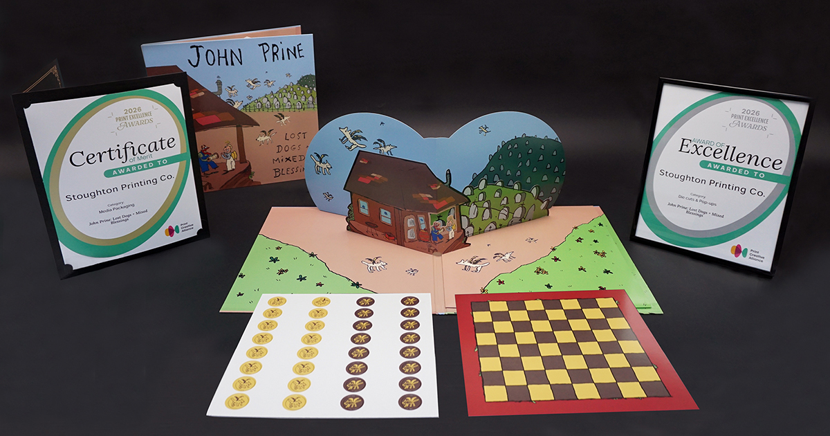 StoughtonJacket's tweet photo. Print Creative Alliance 2026 Print Excellence Awards winner "John Prine: Lost Dogs &amp; Mixed Blessings” printed &amp; manufactured for @ohboyrecords. This 12” Old Style® gatefold jacket has a 3 Layer Pop-Up &amp; inner sleeve that holds a checker board insert &amp; diecut 32 piece checkers! https://t.co/F5SLflimeZ