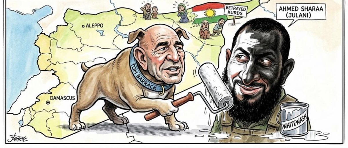 Rojname's tweet photo. تۆم باڕاک ئەوەندەی لەدەستی هات بۆ سپیکردنەوەی ڕووی ڕەشی ئەحمەد جۆلانی کردی، پیلانگێڕی دژ بە #ڕۆژئاڤا-ی کوردستان کرد و هاوکات دژ بە هەرێمی کوردستانیش خەریکە کار دەکات! بەڵام باڕاک بەتەنیا نییە بەڵکوو سیاسەتی ئەمریکا پیادەدەکات! هەڵبەت خەباتاری سەرکییە لەو پاشەکشەیەش هەر خۆی کوردە! https://t.co/y8jG0sq9Cz