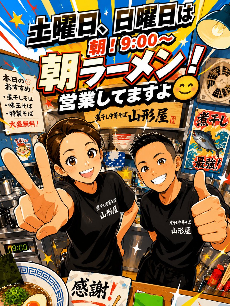 yamagatayanibo's tweet photo. おはようございます！

6月5日.11:00~14:30

●通常メニュー
●つけ麺
●ブラック生姜

今週末の限定は
●明太子ラーメン
●明太子つけ麺
●浅利カレー
チョイ振りに😁
●ちゃん系？ラーメンも作ります
週末は
朝9:00〜14:30迄
全メニューフルでの
営業です！

本日も週末も宜しくお願い致します😊 https://t.co/rKL2dj39Q9