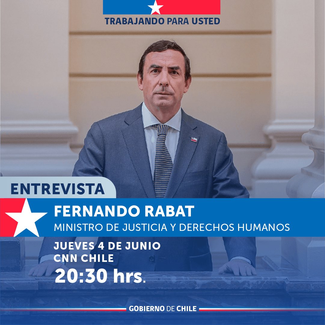 MinjuDDHH's tweet photo. ¡No te lo pierdas! 

Hoy a las 20:30 hrs. el ministro Fernando Rabat será entrevistado en @CNNChile para dialogar sobre la agenda de Justicia y Derechos Humanos. 

📡 Sigue la señal en https://t.co/c80y1umS8Z https://t.co/dJyqQcJKQy