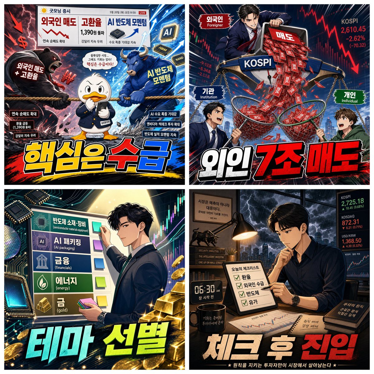 bincompleteness's tweet photo. 6/5 네컷으로 시황 짚어드립니다!

• 미국 기술주: Broadcom 실적 실망발 반도체 매도, SMH 약세. AI 랠리는 유지되나 종목별 차별화.
• 중국/아시아: 한국·일본·대만은 AI 반도체 모멘텀, 홍콩은 조정, 상하이는 보합권. 삼성 파운드리는 중국 완성차 2/4nm SoC 논의 보도.
• 원자재/에너지: 유가는 중동 긴장 완화 기대에 하락, 금은 4,474.77달러 +0.90%, 천연가스 3.35달러 +4.34%.
• 글로벌 금리/환율/매크로: 미 10년물 약 4.45%, Fed 기준금리 3.75%, 원화는 1,500원대 약세 압력 지속.