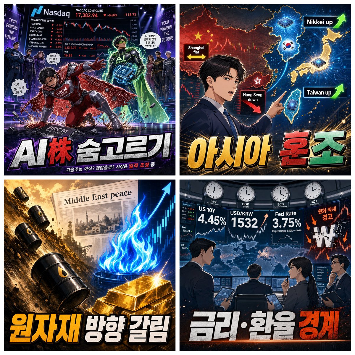 bincompleteness's tweet photo. 6/5 네컷으로 시황 짚어드립니다!

• 미국 기술주: Broadcom 실적 실망발 반도체 매도, SMH 약세. AI 랠리는 유지되나 종목별 차별화.
• 중국/아시아: 한국·일본·대만은 AI 반도체 모멘텀, 홍콩은 조정, 상하이는 보합권. 삼성 파운드리는 중국 완성차 2/4nm SoC 논의 보도.
• 원자재/에너지: 유가는 중동 긴장 완화 기대에 하락, 금은 4,474.77달러 +0.90%, 천연가스 3.35달러 +4.34%.
• 글로벌 금리/환율/매크로: 미 10년물 약 4.45%, Fed 기준금리 3.75%, 원화는 1,500원대 약세 압력 지속.